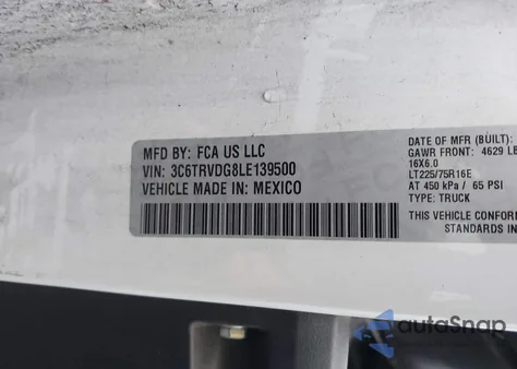 2020 Ram Promaster 2500 High Roof 159 Wb from USA, damaged, VIN 3C6TRVDG8LE139500